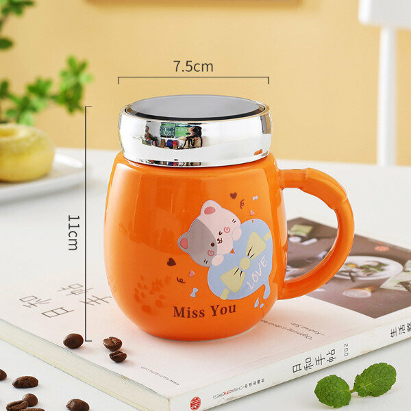 Hot push cartoon ceramic cup with covered spoon (orange-red) (301-400ml)