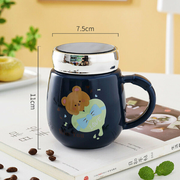 Hot push cartoon ceramic cup with lidded spoon (sapphire blue) (301-400ml)