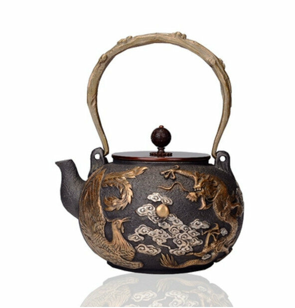 熱推鐵壺煮茶壺燒水壺(1.2L鎏金龍鳳呈祥老壺)