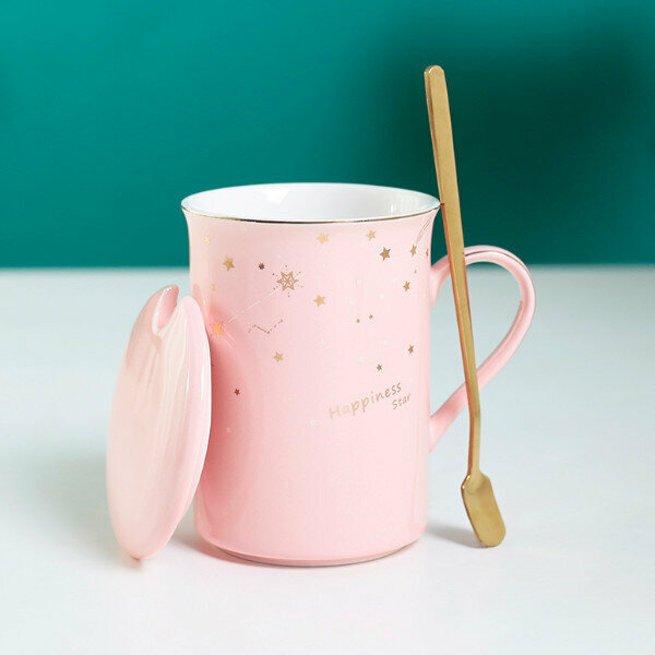 Hot starry sky ceramic cup (pink gold handle) (single cup with lid and spoon)