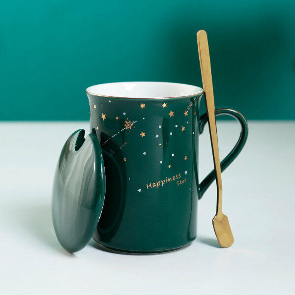 Hot push starry sky ceramic cup (green gold handle) (single cup with lid and spoon)