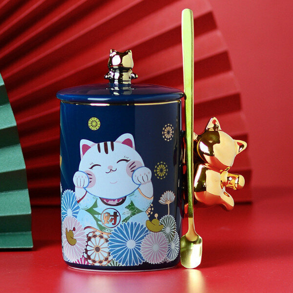 Hot push ceramic cup (lucky cat blue covered spoon ordinary packaging) (401-500ml)