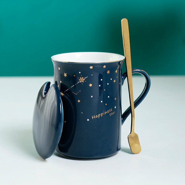 Hot starry sky ceramic cup (sapphire blue gold handle) (single cup with lid and spoon)