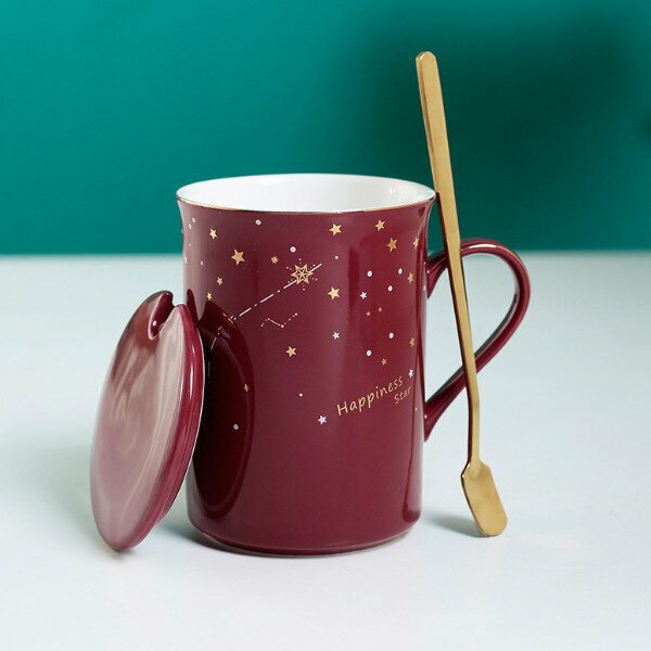 Hot starry sky ceramic cup (burgundy gold handle) (single cup with lid and spoon)