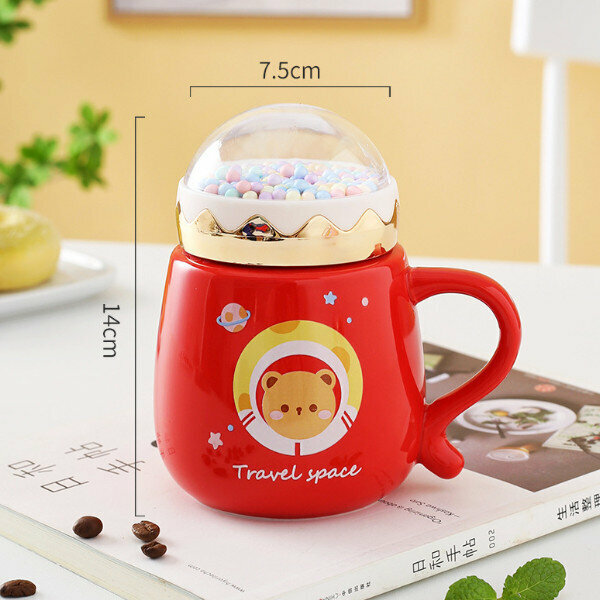 Hot push cute cartoon ceramic cup with lid (red) (301-400ml)