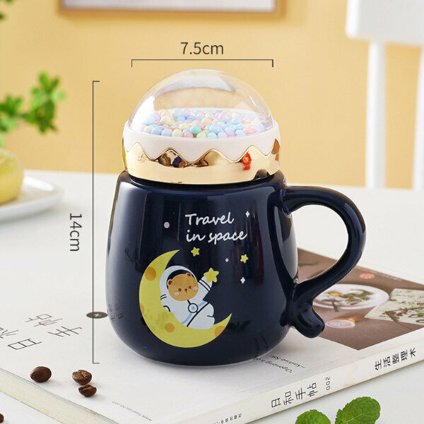 Hot push cute cartoon ceramic cup with lid (royal blue) (301-400ml)