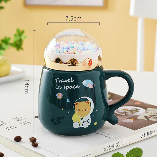 Hot push cute cartoon ceramic cup with lid (dark green) (301-400ml)