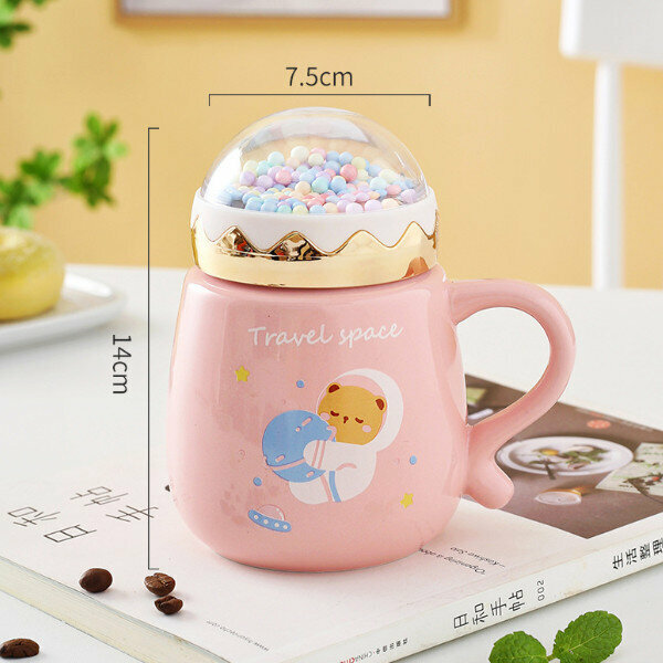 Hot push cute cartoon ceramic cup with lid (pink) (301-400ml)