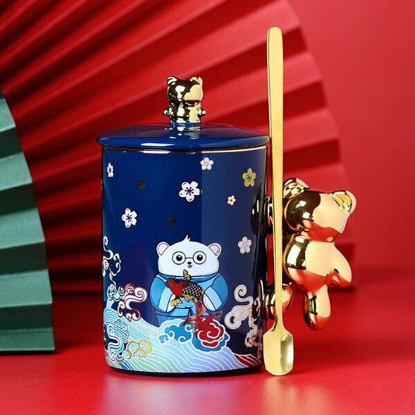 Hotly recommended Bear Ceramic Cup (Blue Bear Cup with lidded spoon in ordinary packaging)