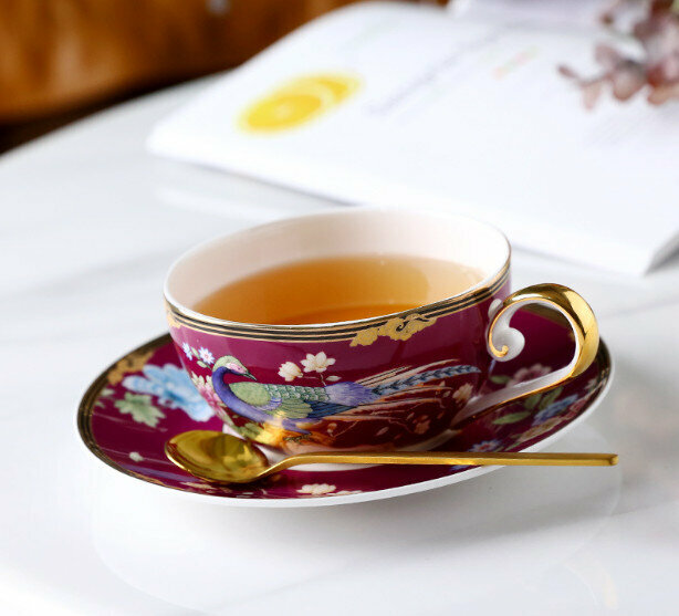 爆款百鳥朝鳳輕奢花茶陶瓷茶具（2件百鳥嫣紅咖啡杯碟）