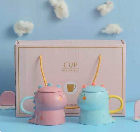 Popular Cute Dinosaur Mug Water Cup [Powder Gift Box Dark Pink + Blue]