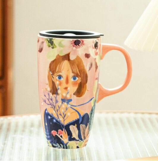 New ceramic water cup [Girl in Blue Dress Capacity 501-600ml]