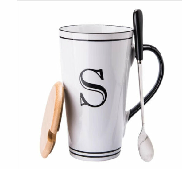 Hot selling personalized ceramic water cup (tall S letter + lid + spoon) (520ml)