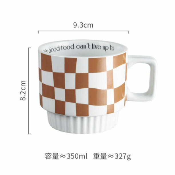 Popular Ceramic Checkerboard Mark Coffee Cup [Stacked Cup-Twisted Checkerboard-Brown]