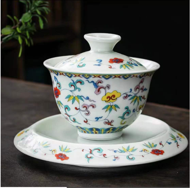 Highly recommended high-end retro ceramic Kung Fu tea set (Type A white porcelain covered bowl with colorful lotus tangled branches)