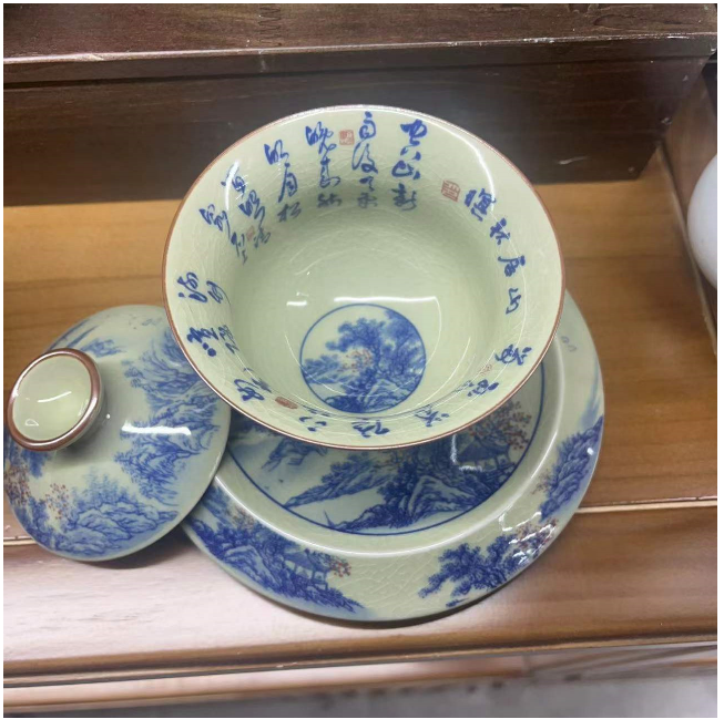 Highly recommended high-end retro ceramic Kung Fu tea set (Type A covered bowl with blue and white landscape)