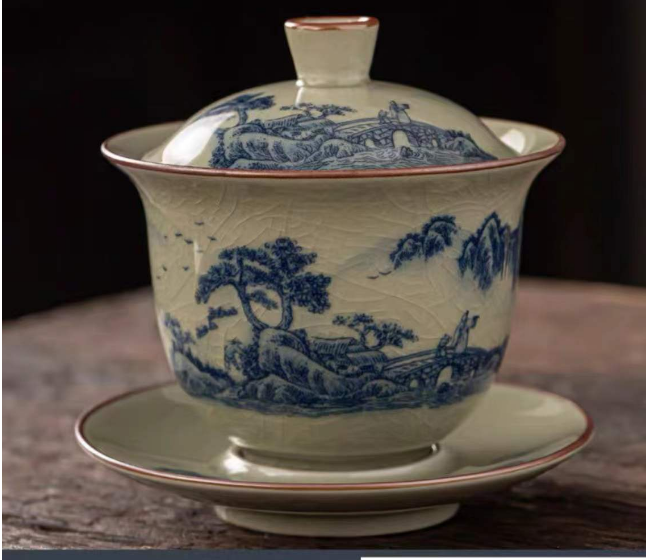 High-end retro ceramic Kung Fu tea set (Type B covered bowl with blue and white mountain view)