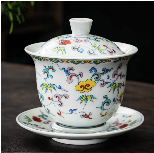 Highly recommended high-end retro ceramic Kung Fu tea set (Type B white porcelain covered bowl with colorful tangled branches)