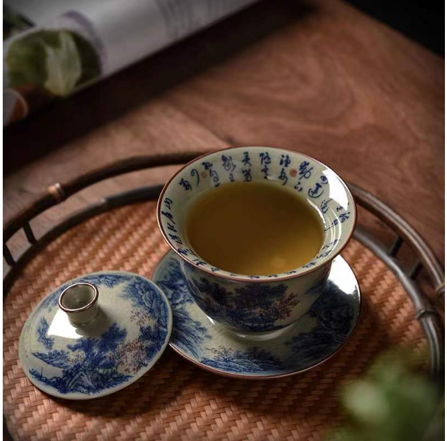 Highly recommended high-end retro ceramic Kung Fu tea set (Type B covered bowl with blue and white landscape)