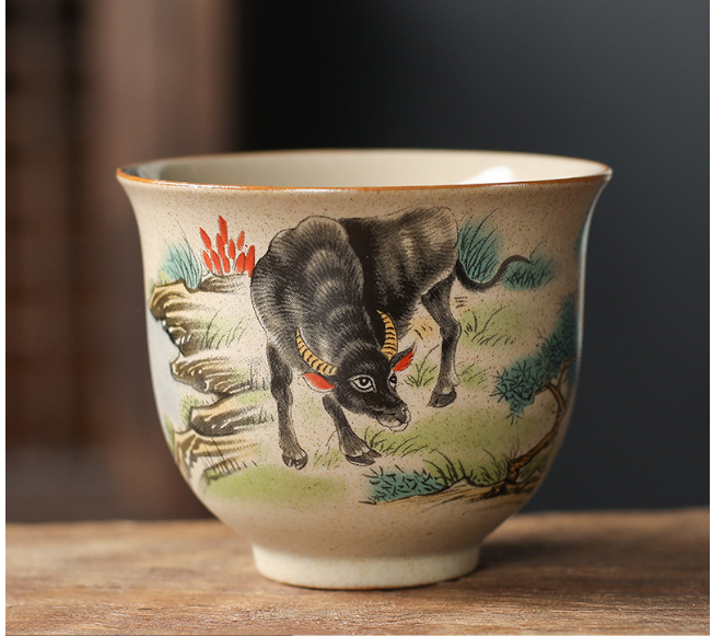 Hot Recommendation Retro Style Chinese Kung Fu Tea Cup (Coarse Pottery Twelve Chinese Zodiac Signs Cup Cow)