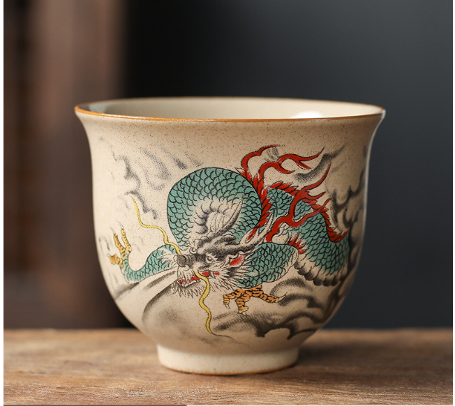 New retro style Chinese kung fu tea cup (coarse ceramic zodiac sign reverse cup dragon)