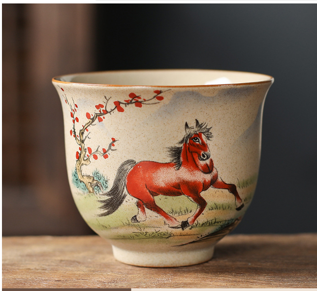 New retro style Chinese kung fu tea cup (coarse ceramic zodiac sign reverse cup horse)