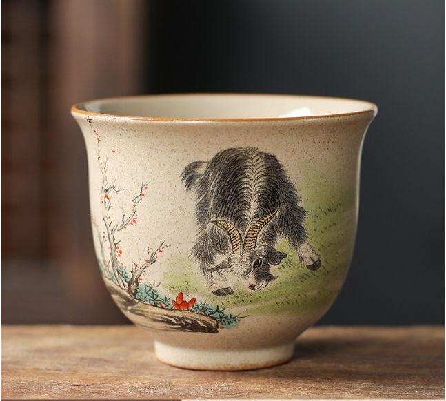 New retro style Chinese kung fu tea cup (coarse ceramic zodiac sign reverse mouth cup sheep)
