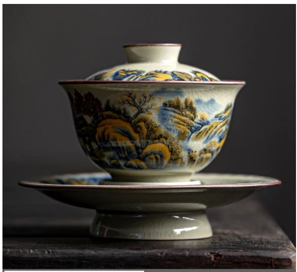 New retro Chinese Kung Fu tea set (Gu Ru [Splendid Mountains and Rivers] tall bowl)