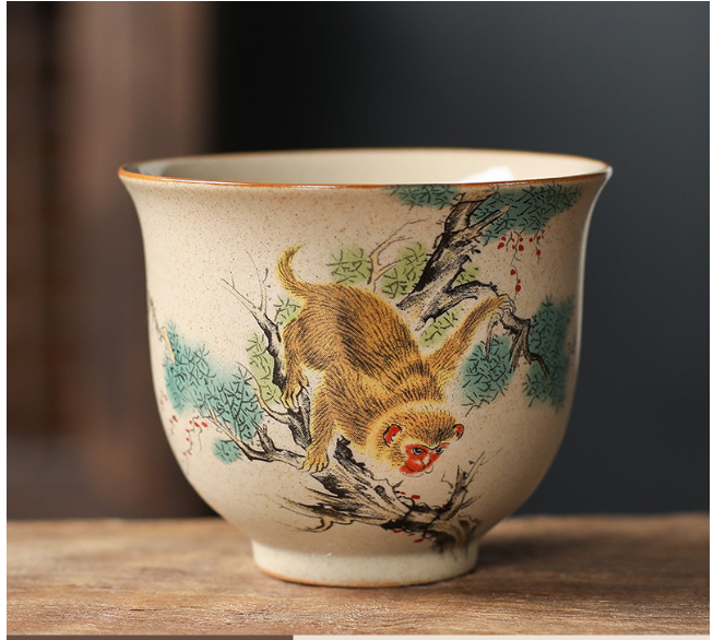 New retro-style Chinese Kung Fu tea cup (stone pottery twelve zodiac animals cup monkey)
