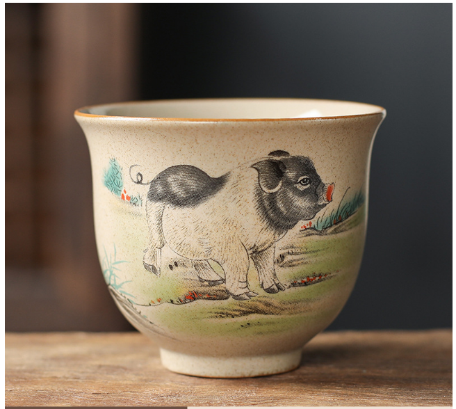 New retro style Chinese kung fu tea cup (coarse ceramic zodiac sign reverse mouth cup pig)