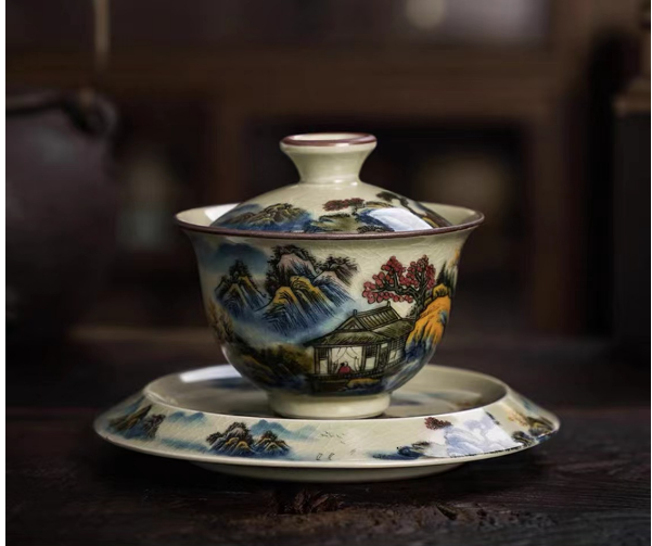 New retro Chinese Kung Fu tea set (Gu Ru [Splendid Mountains and Rivers] Large Plate Covered Bowl)