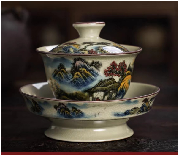 New retro Chinese Kung Fu tea set (Gu Ru [Splendid Mountains and Rivers] tall and large covered bowl)
