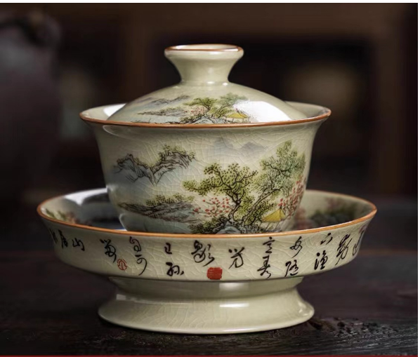 New retro Chinese Kung Fu tea set (Gu Ru【Only this green】high-legged large bowl)