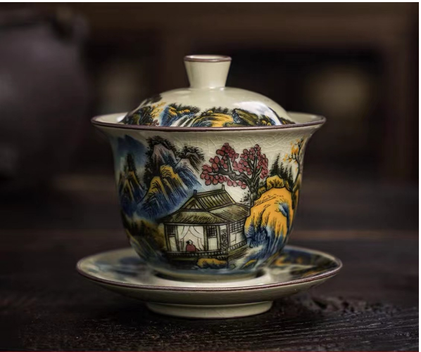 New retro Chinese Kung Fu tea set (Gu Ru [Splendid Mountains and Rivers] small covered bowl)