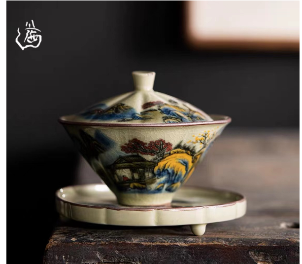 New retro Chinese Kung Fu tea set (Gu Ru [Splendid Mountains and Rivers] bamboo hat and bowl)