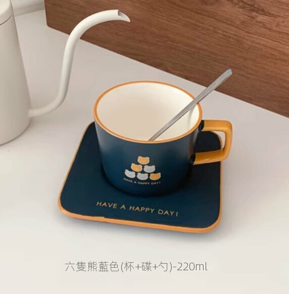 New office ceramic mug with spoon (six bears blue (cup + saucer + spoon))