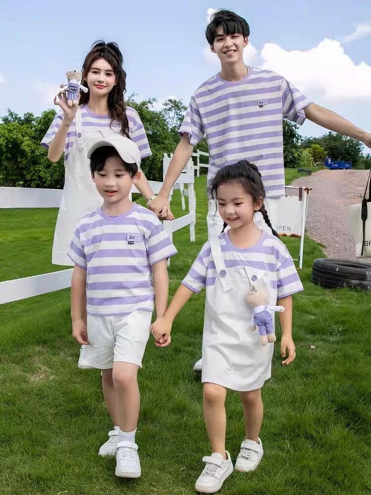 少量現貨 親子裝 紫白條紋親子裝 上衣 / 短褲 / 假兩件洋裝