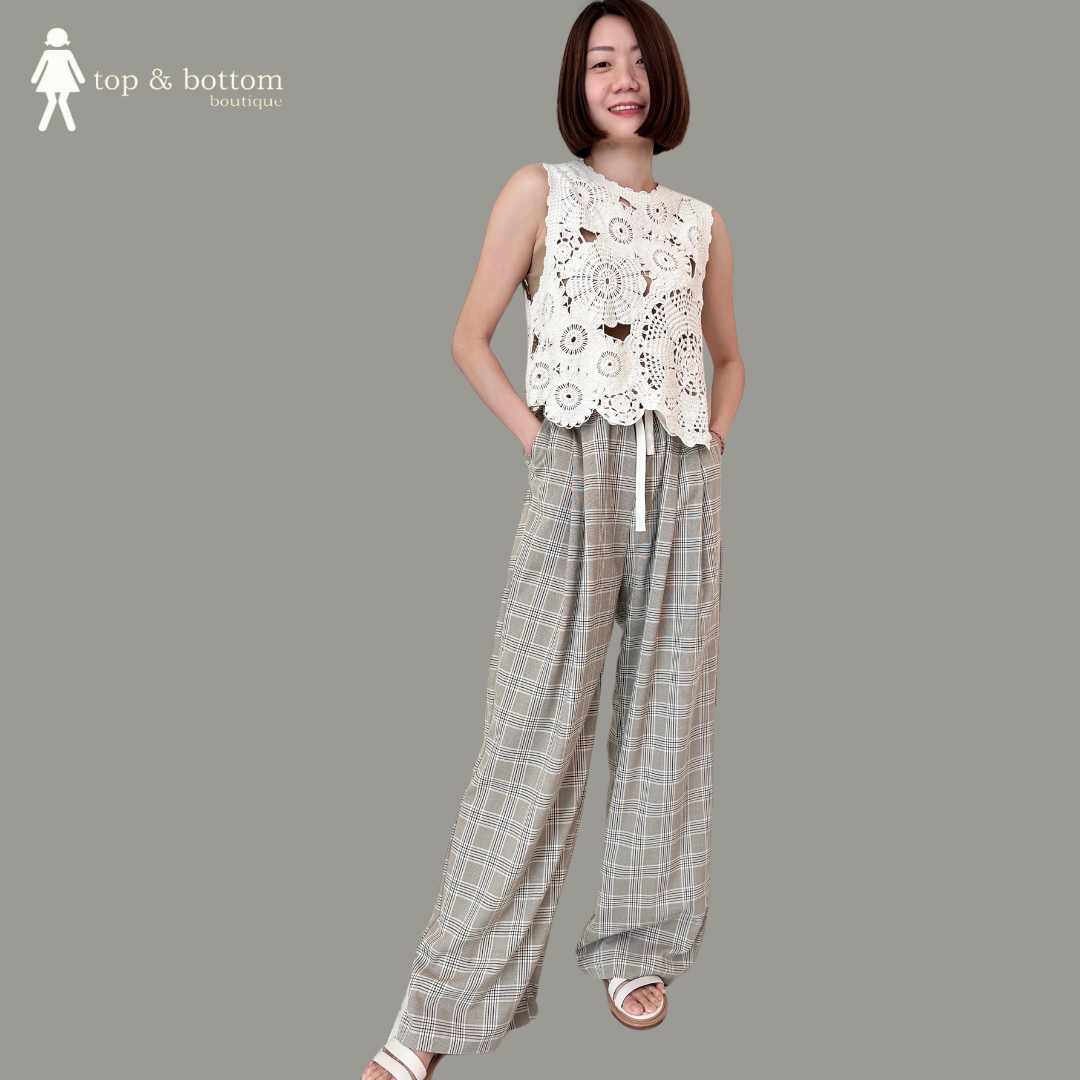 TIE-STRING CHECKED WIDE LEG LONG PANT