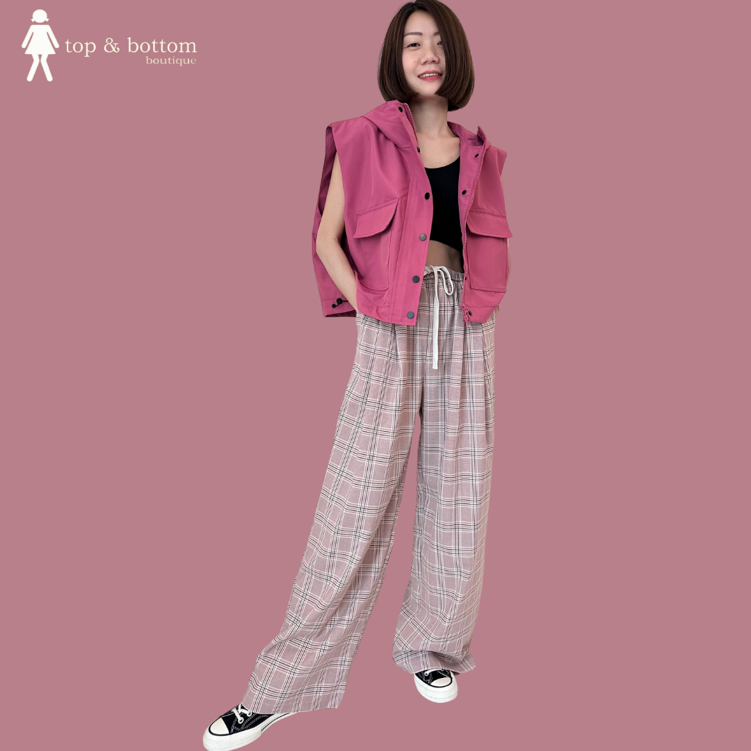 TIE-STRING CHECKED WIDE LEG LONG PANT