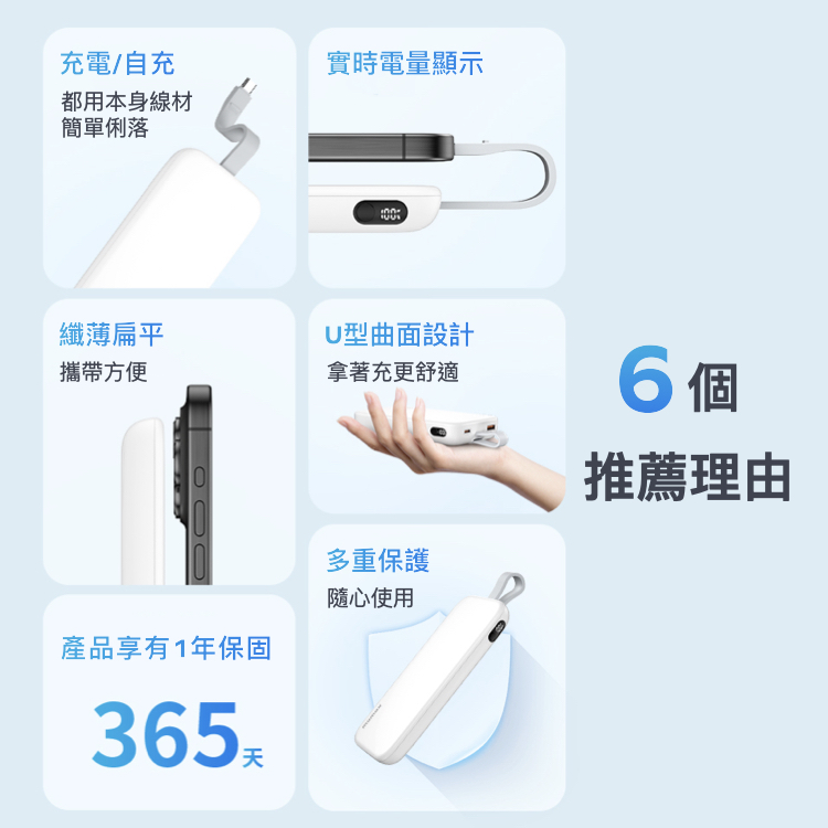 iPower 10000mAh 20W PD USB-C 帶線行動電源