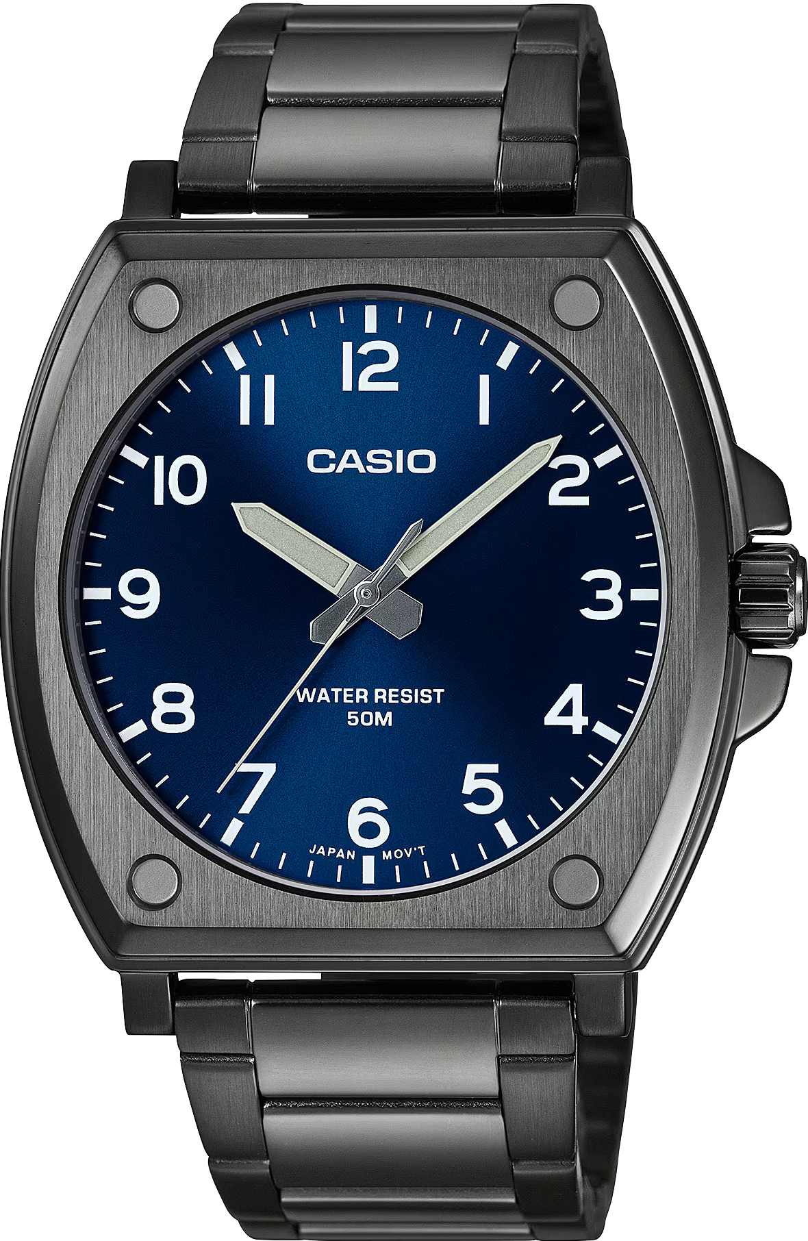 萬年鐘錶 - CASIO 卡西歐 酒桶造型錶殼全黑藍面休閒簡約不鏽鋼男錶 MTP-E730B-2AV  錶徑43.4MM