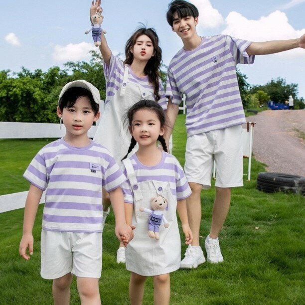 少量現貨 親子裝 紫白條紋親子裝 上衣 / 短褲 / 假兩件洋裝