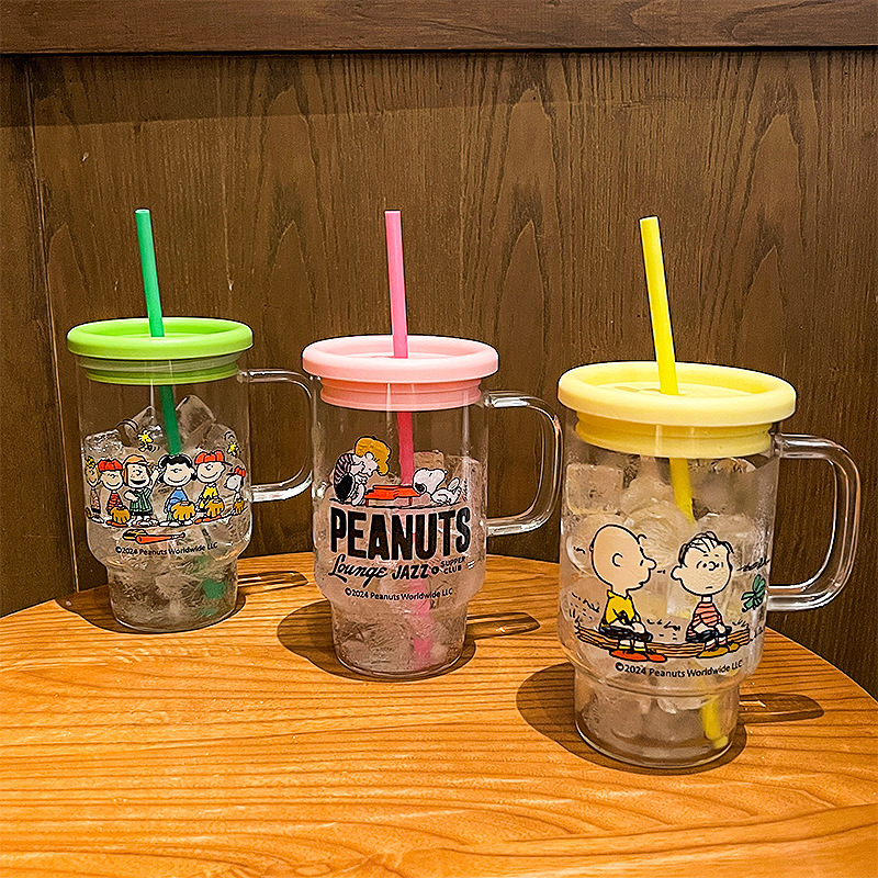 《4417》可愛史努比玻璃吸管杯800ml