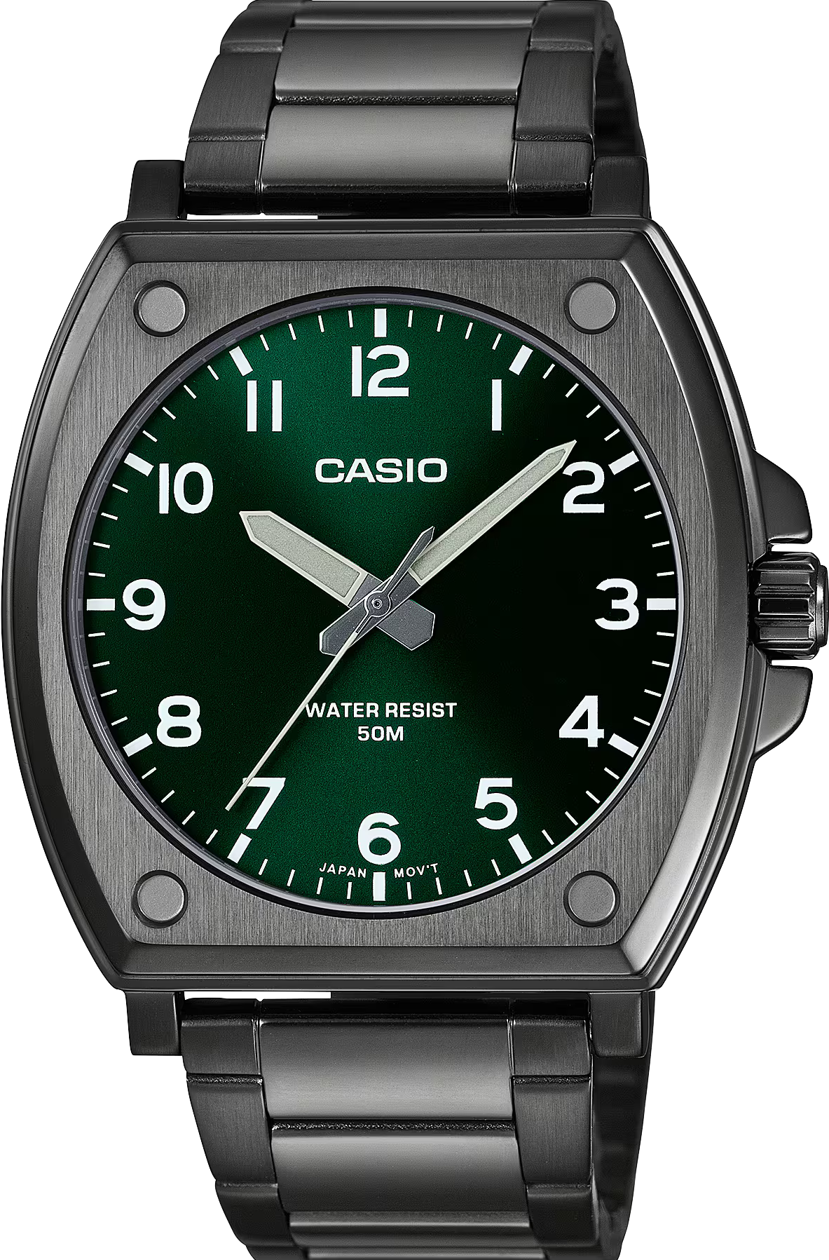 萬年鐘錶 - CASIO 卡西歐 酒桶造型錶殼全黑綠面休閒簡約不鏽鋼男錶 MTP-E730B-3AV  錶徑43.4MM