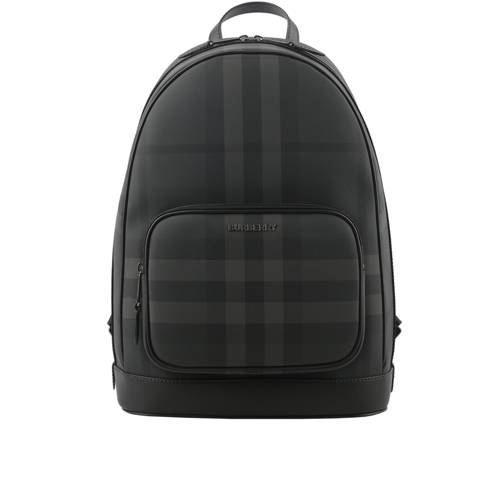 【BURBERRY】Rocco 格紋帆布及牛皮拉鍊口袋後背包(炭灰色) 8065630 A8800