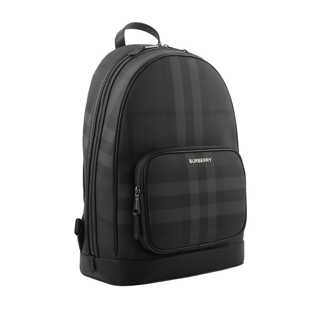 【BURBERRY】Rocco 格紋帆布及牛皮拉鍊口袋後背包(炭灰色) 8065630 A8800
