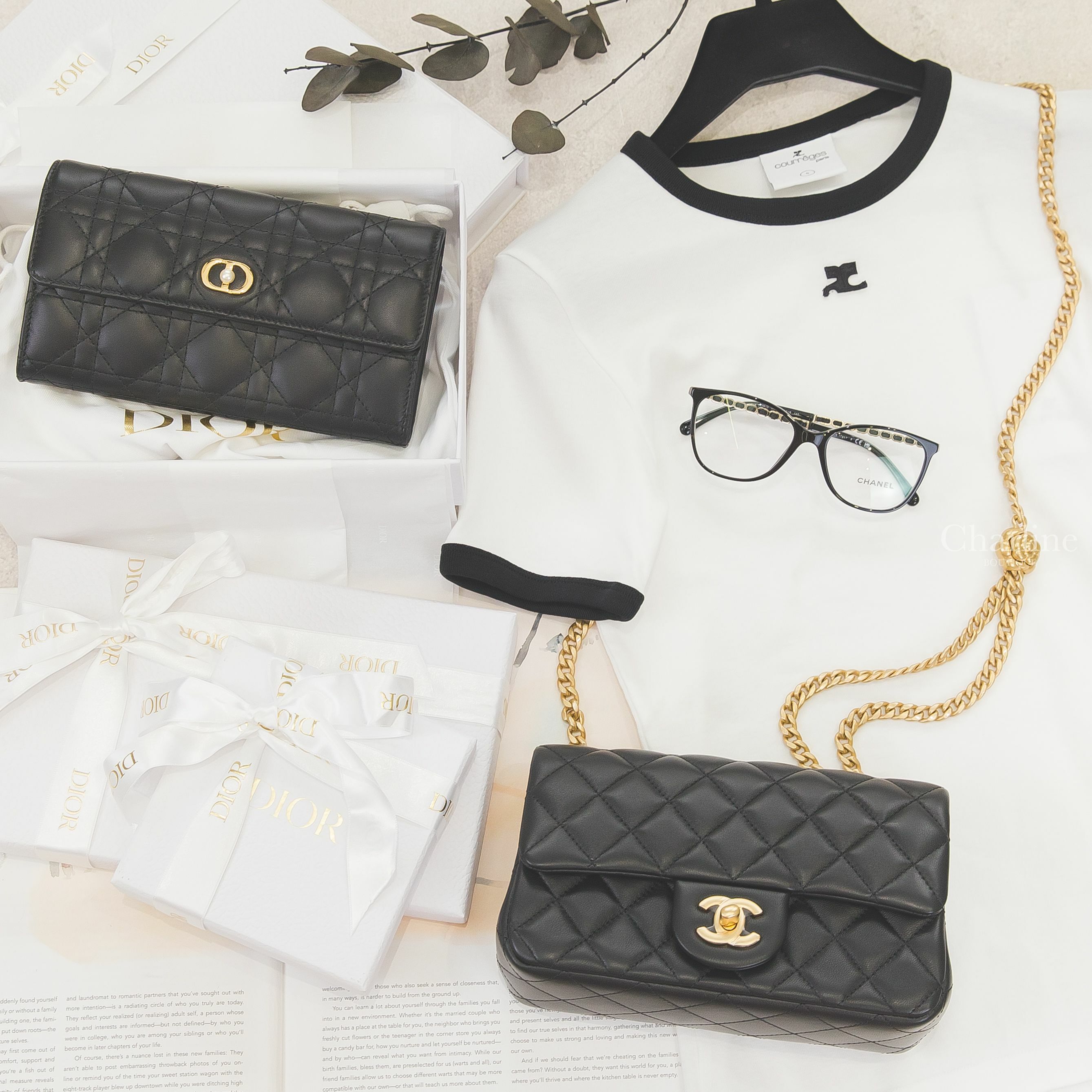 Dior Jolie Orchid Wallet 黑色鑲珍珠金CD小羊皮藤格紋扣式長夾,Chanel Flap 黑色金CC金色山茶花鍊帶20cm小羊皮菱格紋,Chanel 黑色方框側邊皮穿金鍊CC平光眼鏡-Charline Boutique 精品代購