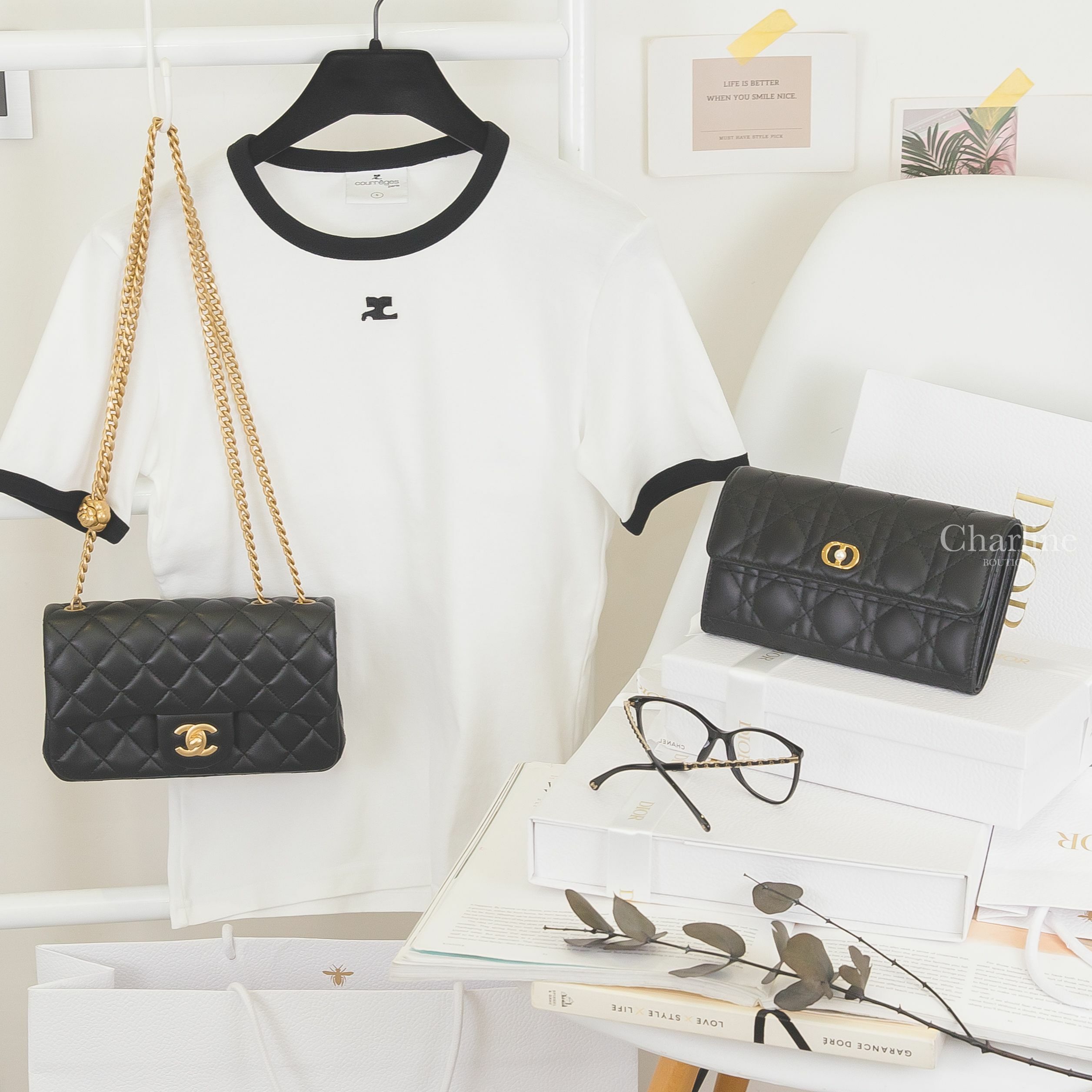 Dior Jolie Orchid Wallet 黑色鑲珍珠金CD小羊皮藤格紋扣式長夾,Chanel Flap 黑色金CC金色山茶花鍊帶20cm小羊皮菱格紋,Chanel 黑色方框側邊皮穿金鍊CC平光眼鏡-Charline Boutique 精品代購