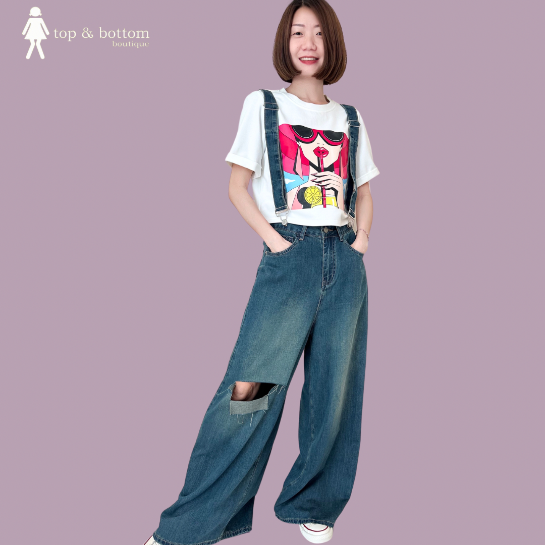 DENIM WIDE LEG LONG JEANS W SUSPENDER