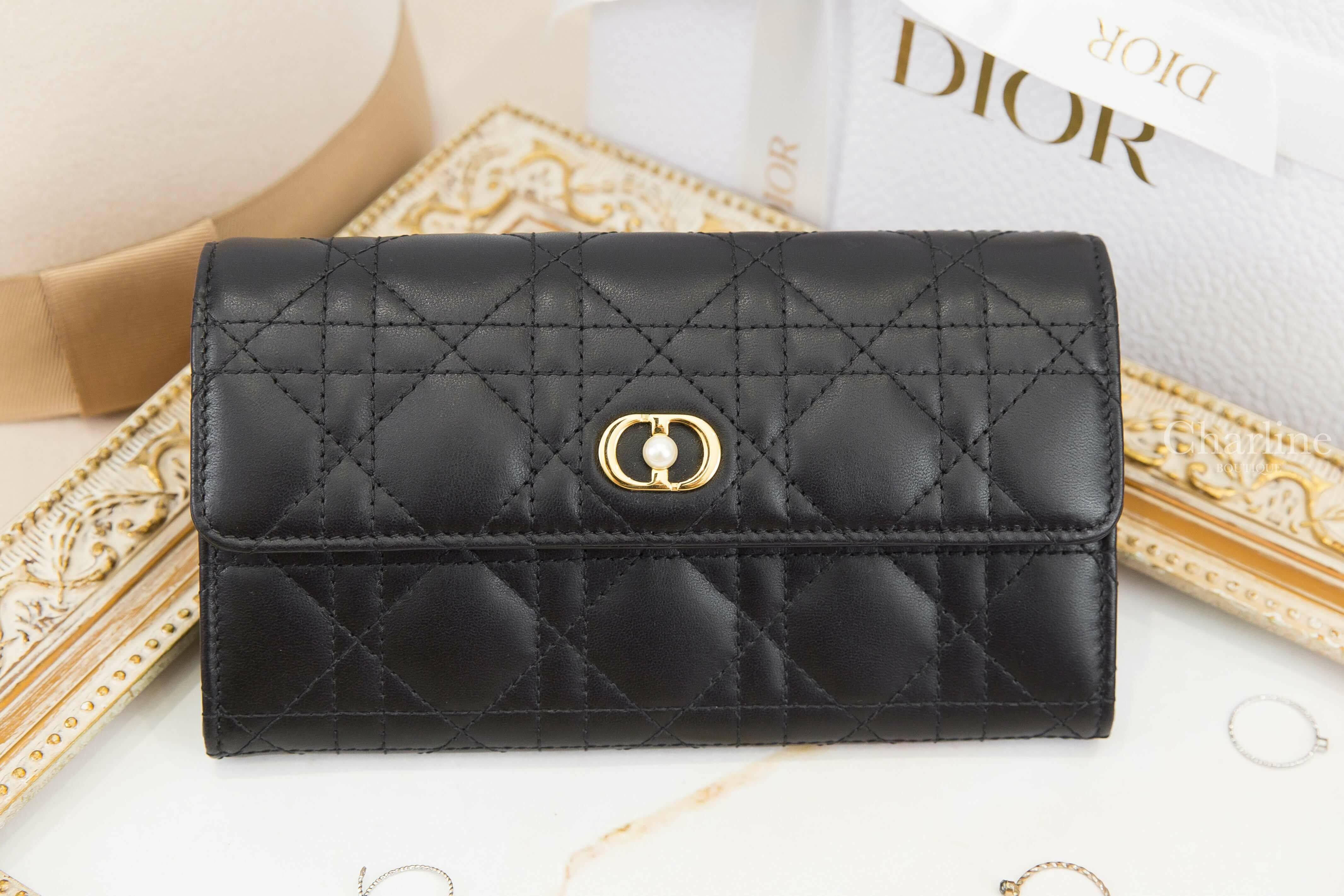 Dior Dior Jolie Orchid Long Wallet 黑色鑲珍珠金CD小羊皮藤格紋扣式長夾